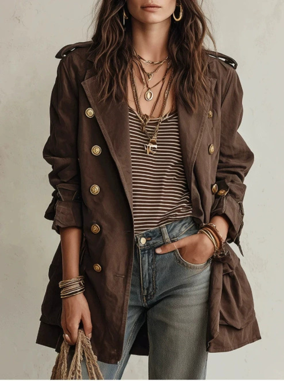 H&M   Fashion Casual Double Breasted Chocolate Brown Trench Coat